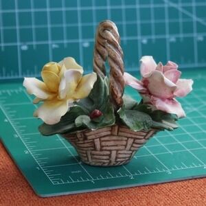 Capodimonte Italy Porcelain Rose Flower Basket Figurine Pink Yellow Crown N Mark